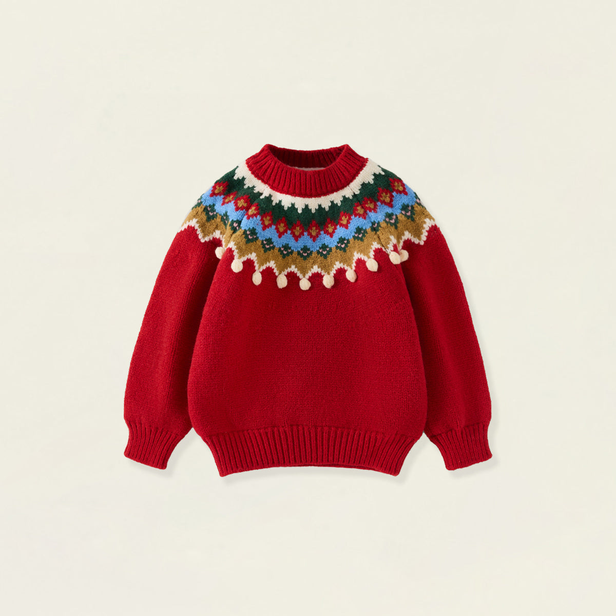 Girls' Red Fair Isle Knit Sweater with Pom-Pom Trim -5248