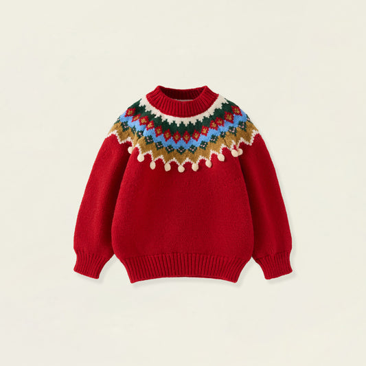 Girls' Red Fair Isle Knit Sweater with Pom-Pom Trim -5248