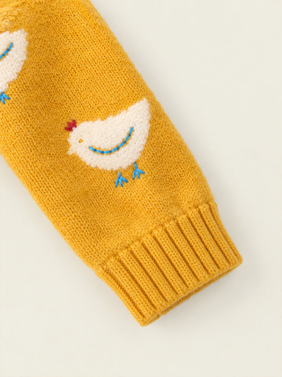 Girls' Yellow Chicken Print Knit Sweater -5501