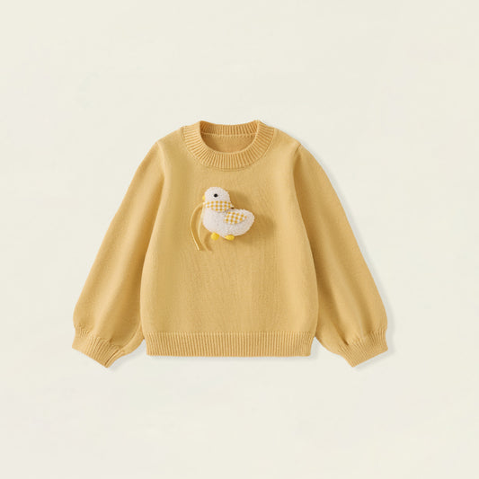 Girls' Yellow 3D Duck Applique Knit Sweater -5216
