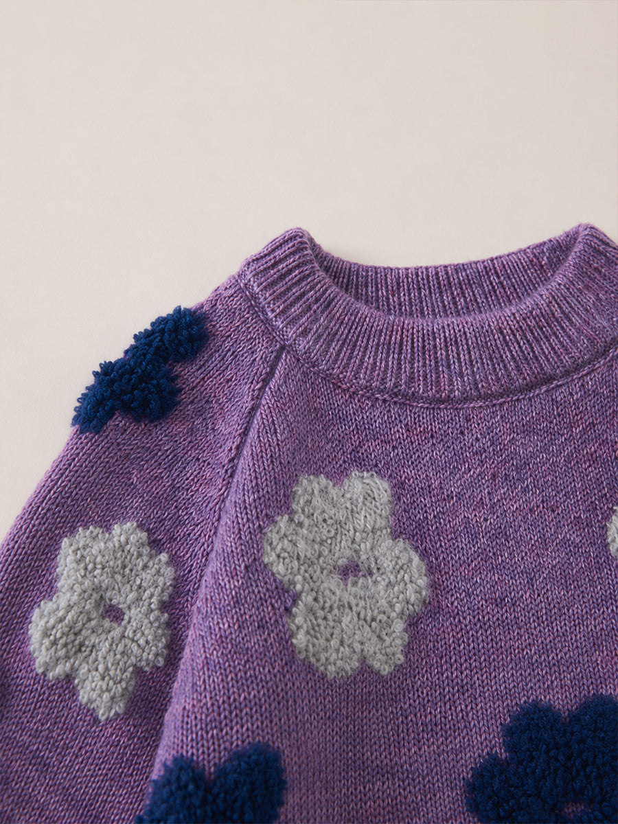 Girls' Purple Tufted Floral Knit Sweater -5106