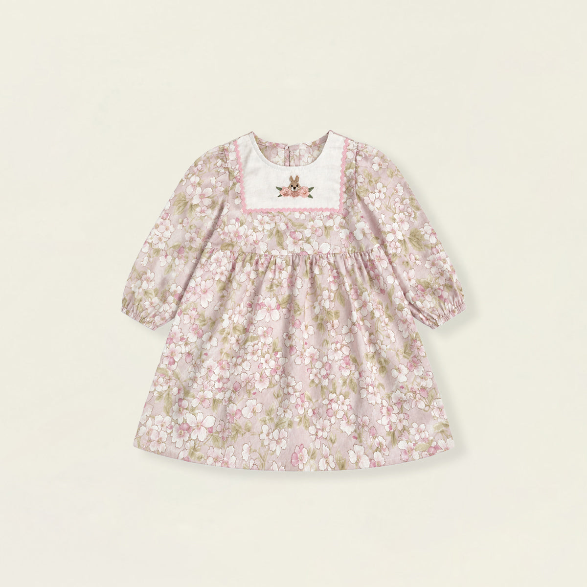 Girls' Pink Floral Long Sleeve Dress with Bunny Embroidery -K6136312