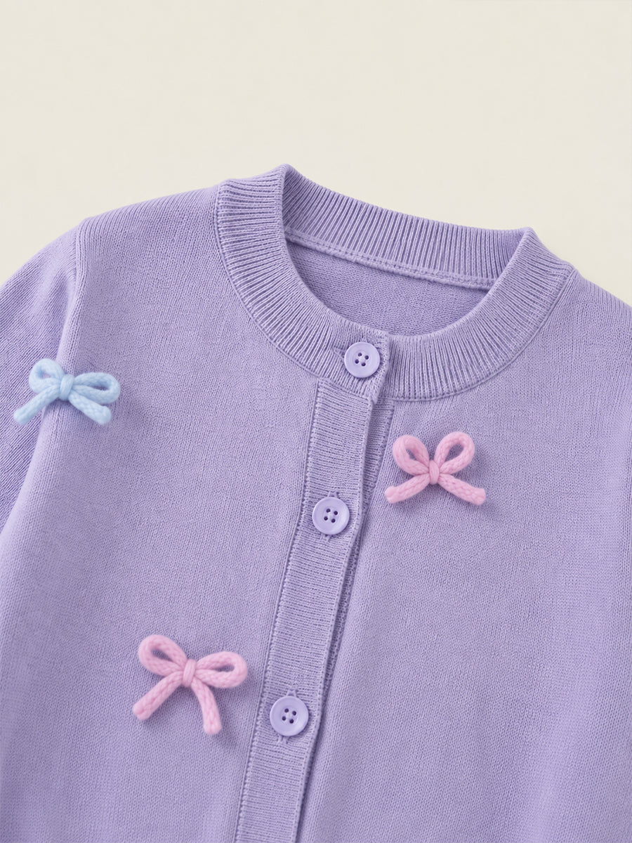 Girls' Lavender Bow Appliqué Knit Cardigan -6627