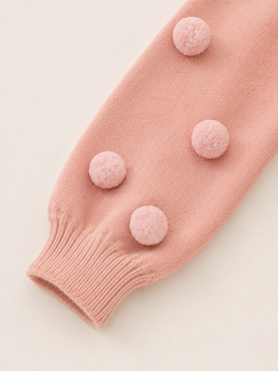 Girls' Pink Pom-Pom Sleeve Knit Sweater -1122