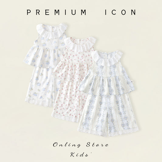 Girls' Floral Ruffled-Neck Sleeveless Top & Shorts Set(3 Colors) - K6126230