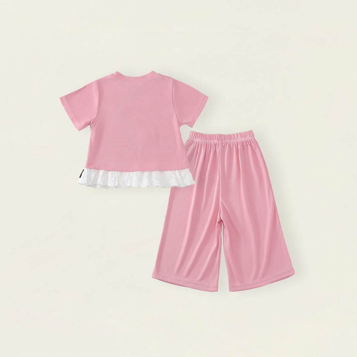 Girls' Pink Bow & Lace Trim T-Shirt and Wide-Leg Pants Set-K6126166
