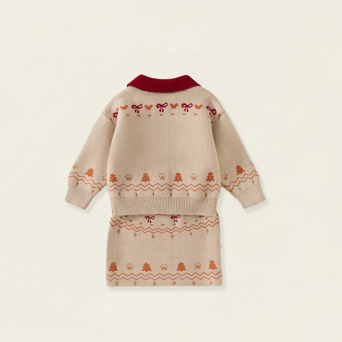 Girls' Beige Teddy Bear Knit Set with Red Collar -5518