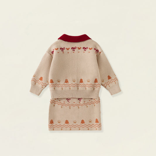 Girls' Beige Teddy Bear Knit Set with Red Collar -5518