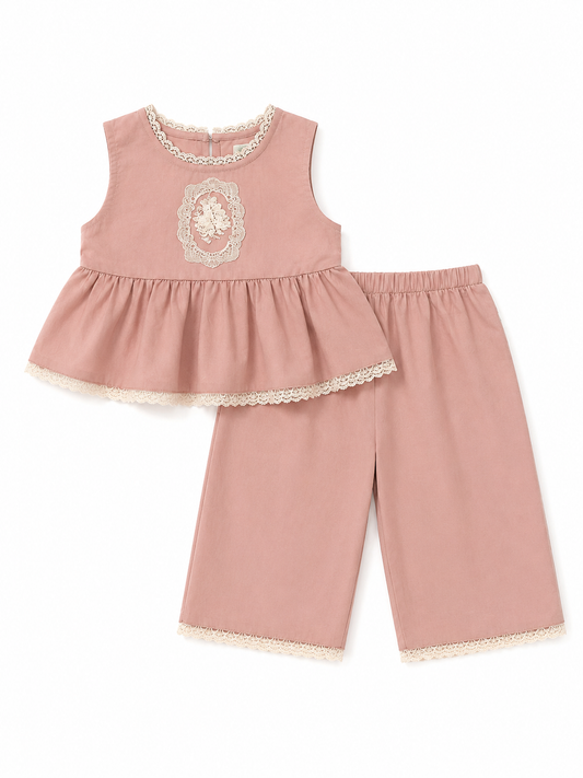 Girls' Dusty Pink Lace-Trimmed Sleeveless Set - K6126264