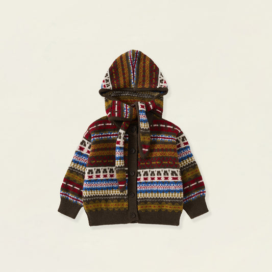 Boys' Retro Fair Isle Hooded Cardigan with Scarf -8816