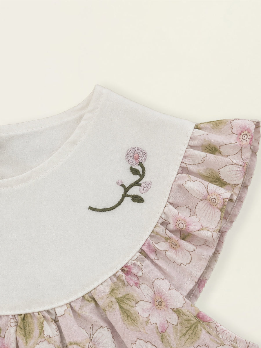 Girls' Pink Floral Sleeveless Dress with Embroidered Bib Collar -K6126313