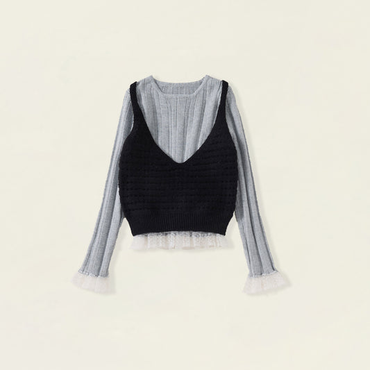 Girls' 2-in-1 Grey Ribbed Knit Top with Black Vest & Lace Trim -4162