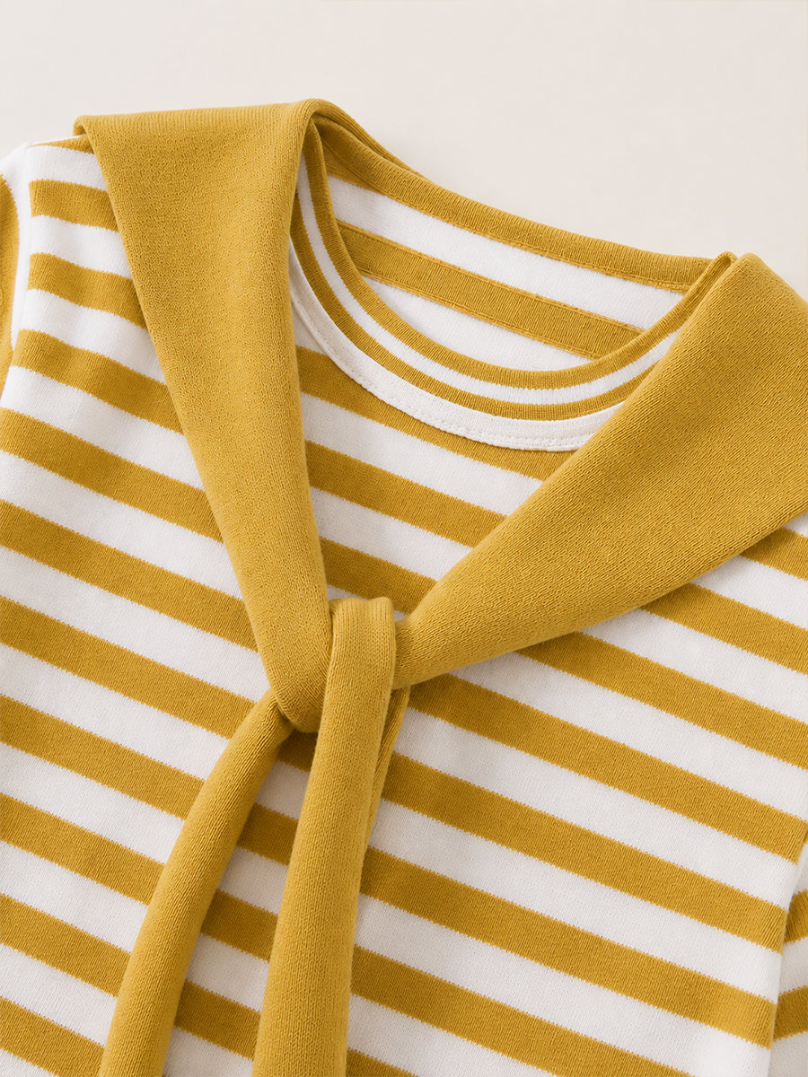Girls' Mustard Striped Knit Top with Tie Scarf Detail -4691