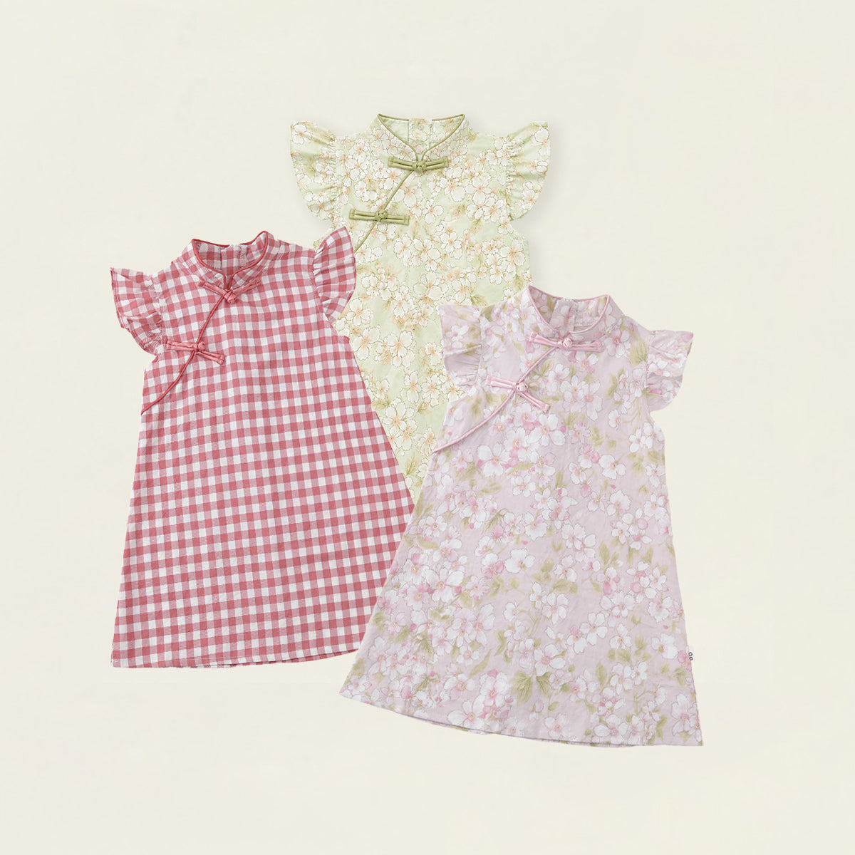 Girls' Floral & Gingham Cheongsam-Style Dress with Ruffled Sleeves - K6126311