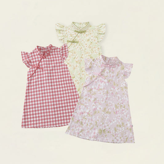 Girls' Floral & Gingham Cheongsam-Style Dress with Ruffled Sleeves - K6126311
