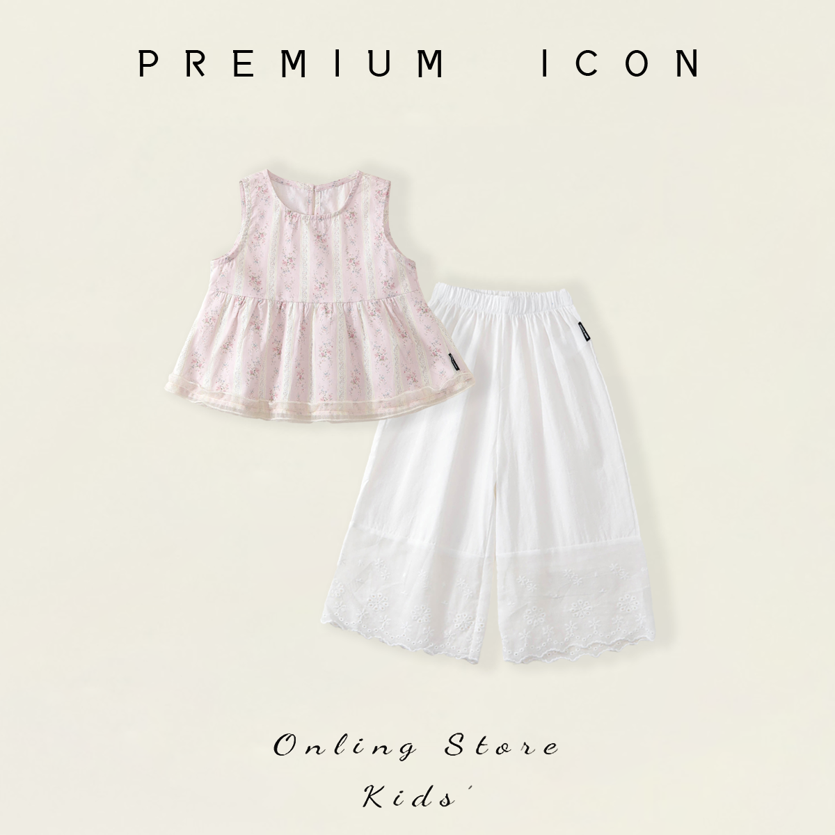 Girls' Pink Floral Sleeveless Top & White Lace-Trimmed Pants Set-K6126161