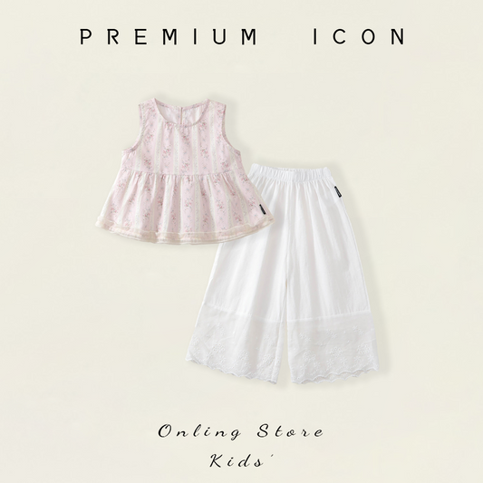 Girls' Pink Floral Sleeveless Top & White Lace-Trimmed Pants Set-K6126161
