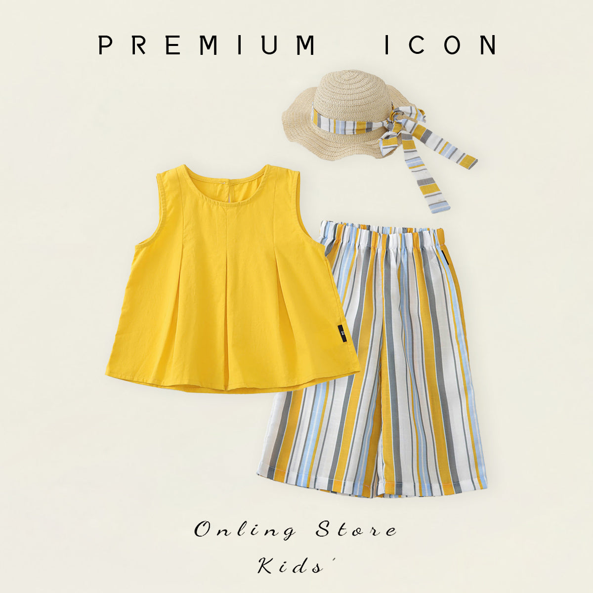 Girls' Yellow Sleeveless Top & Striped Pants Set with Matching Hat -K6126184