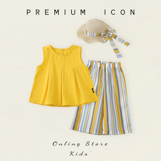 Girls' Yellow Sleeveless Top & Striped Pants Set with Matching Hat -K6126184