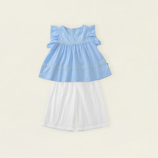 Girls' Blue Ruffle-Sleeve Top & White Pants Set-K6126160