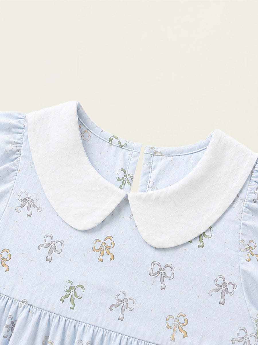 Girls' Light Blue Bow Print Dress with Peter Pan Collar -K6126326