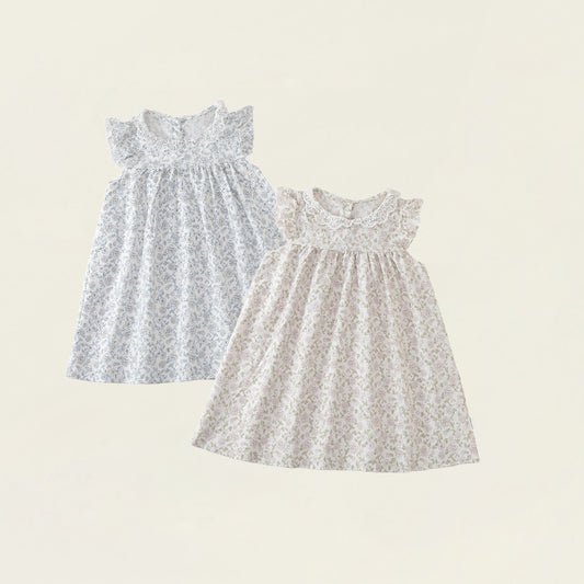Girls' Floral Ruffle-Neck A-Line Summer Dress - K6126294