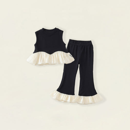 Girls' Black Ruffle Trim Sleeveless Top & Flared Pants Set-K6126114