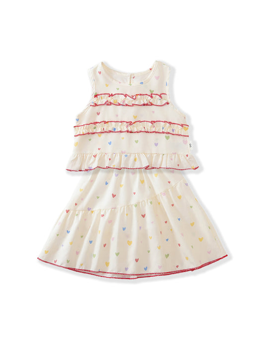 Girls' Heart Print Ruffle Top & Skirt Set-K6126287