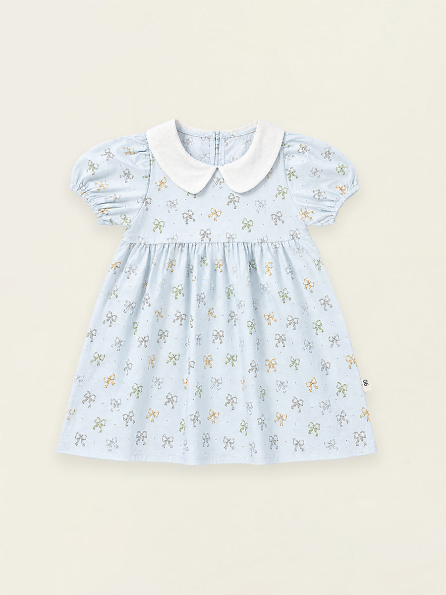 Girls' Light Blue Bow Print Dress with Peter Pan Collar -K6126326