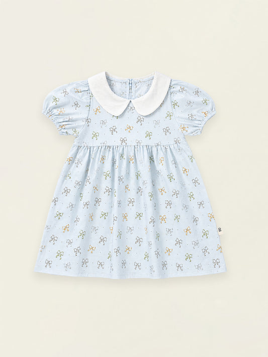 Girls' Light Blue Bow Print Dress with Peter Pan Collar -K6126326
