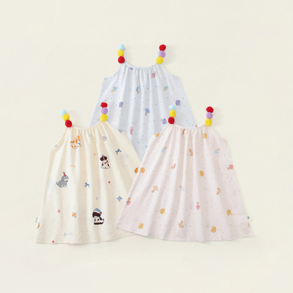 Girls' Colorful Pom-Pom Strap Printed Summer Dress - K6126309