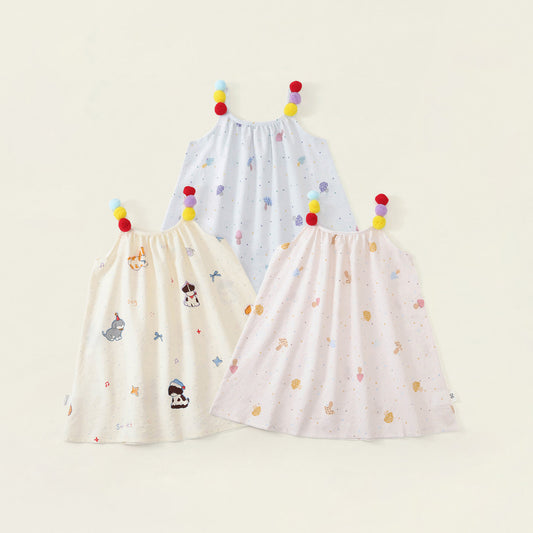 Girls' Colorful Pom-Pom Strap Printed Summer Dress - K6126309