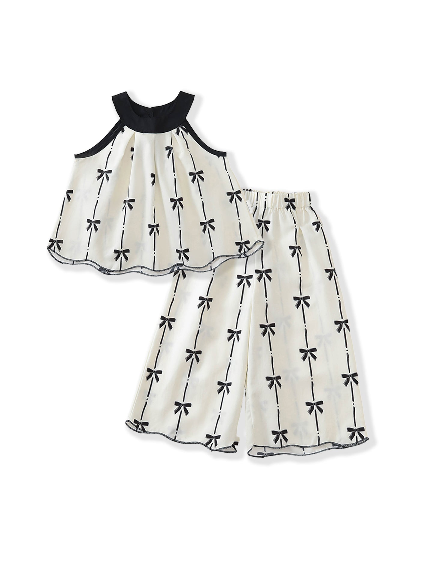 Girls' Bow Print Halter Top & Wide-Leg Pants Set -K6126324