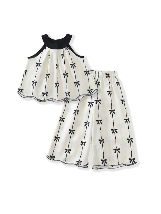 Girls' Bow Print Halter Top & Wide-Leg Pants Set -K6126324