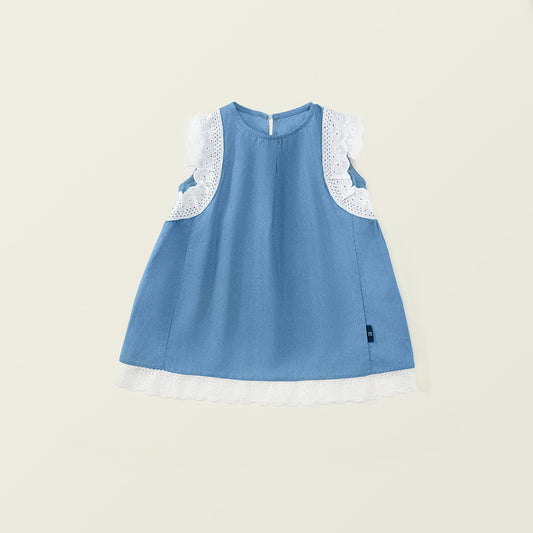 Girls' Fashion Denim Dress with Lace Trim Flutter Sleeves