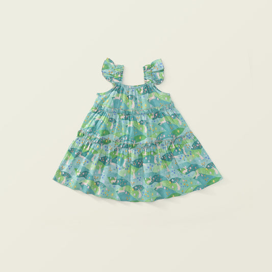 Girls Green Cartoon Print Flutter Sleeve Dress