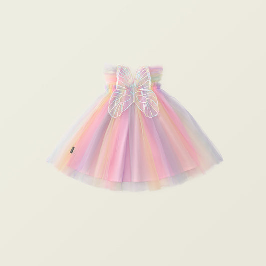 Girls Rainbow Flutter Sleeve Tulle Dress
