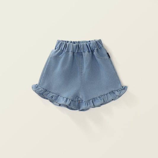 Girl's Denim Hotpants with Lace Trim