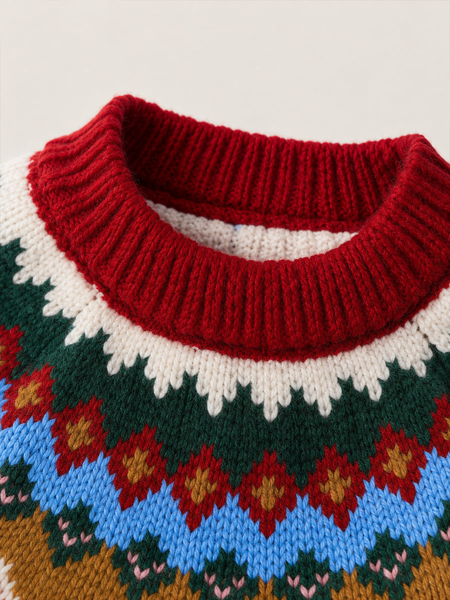 Girls' Red Fair Isle Knit Sweater with Pom-Pom Trim -5248