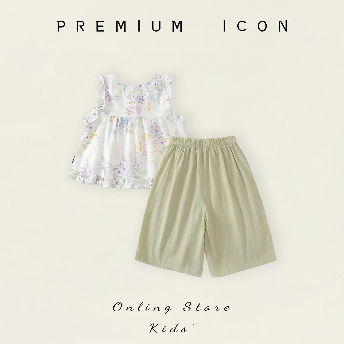 Girls' Floral Ruffle Top & Sage Green Shorts Set-K6126078