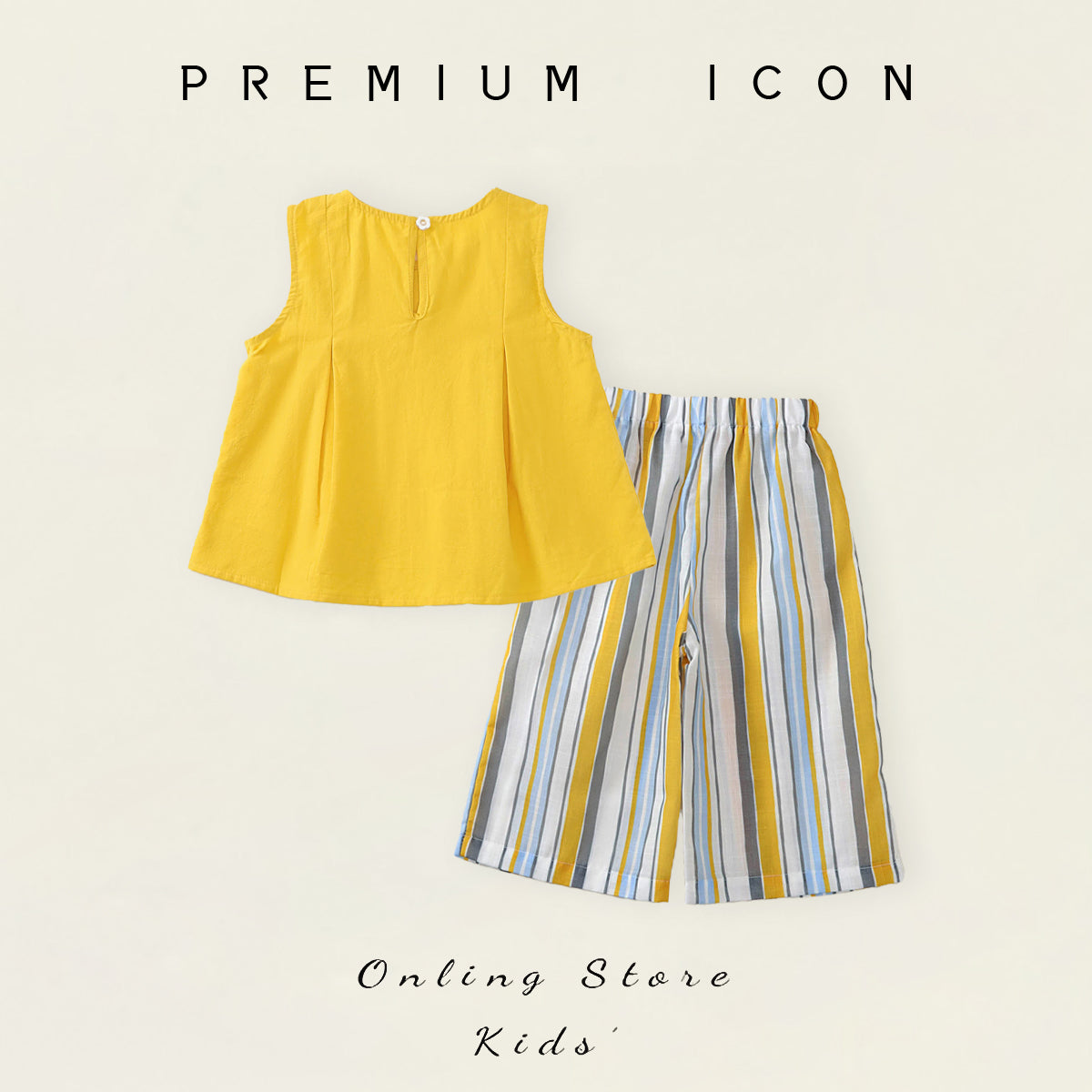 Girls' Yellow Sleeveless Top & Striped Pants Set with Matching Hat -K6126184
