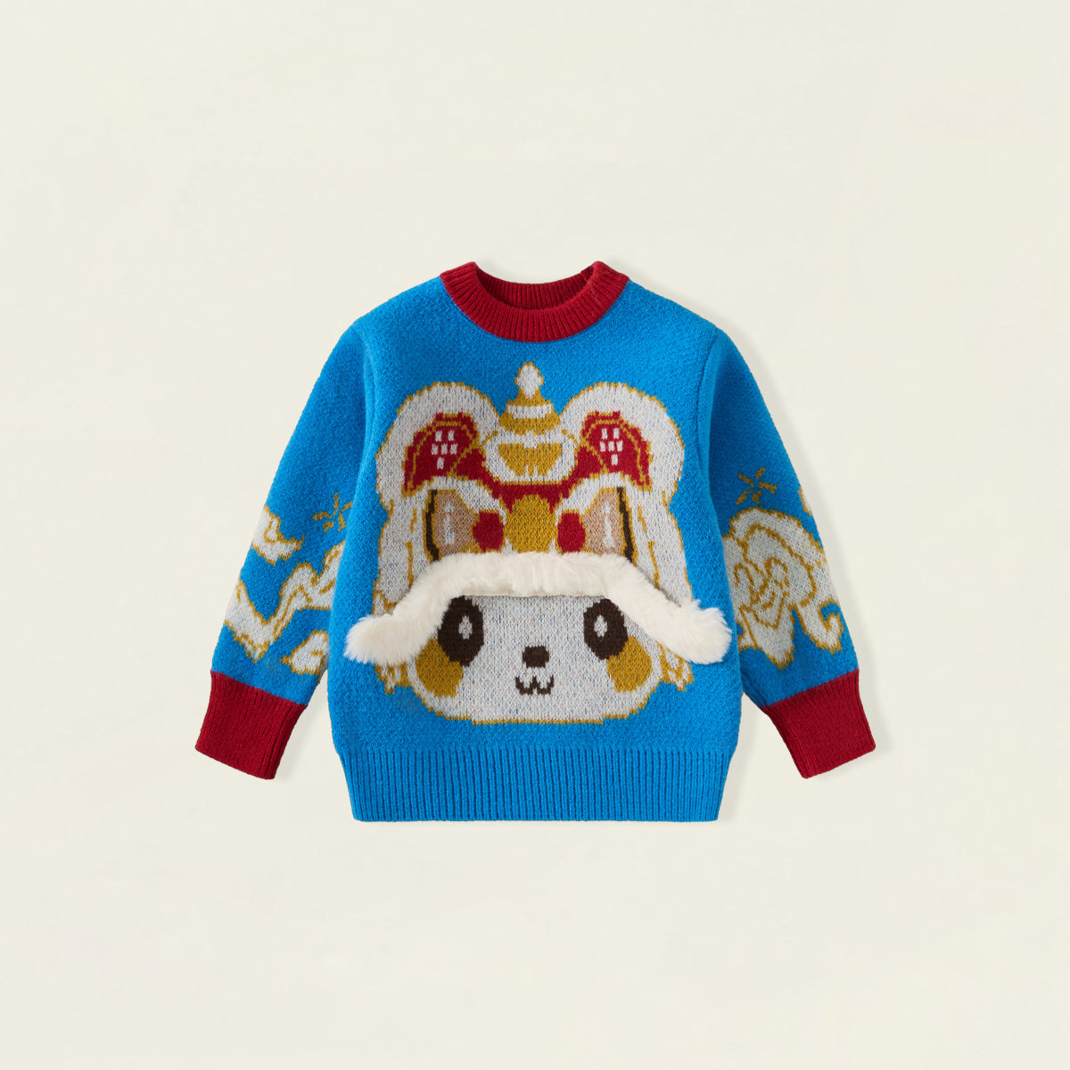 Boys' Blue Lion Dance Knit Sweater with Faux Fur -5886