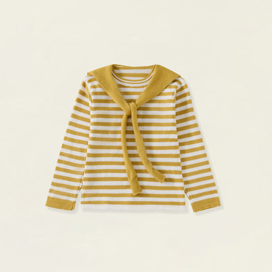 Girls' Mustard Stripe Knit Top with Tie Scarf Detail -4691
