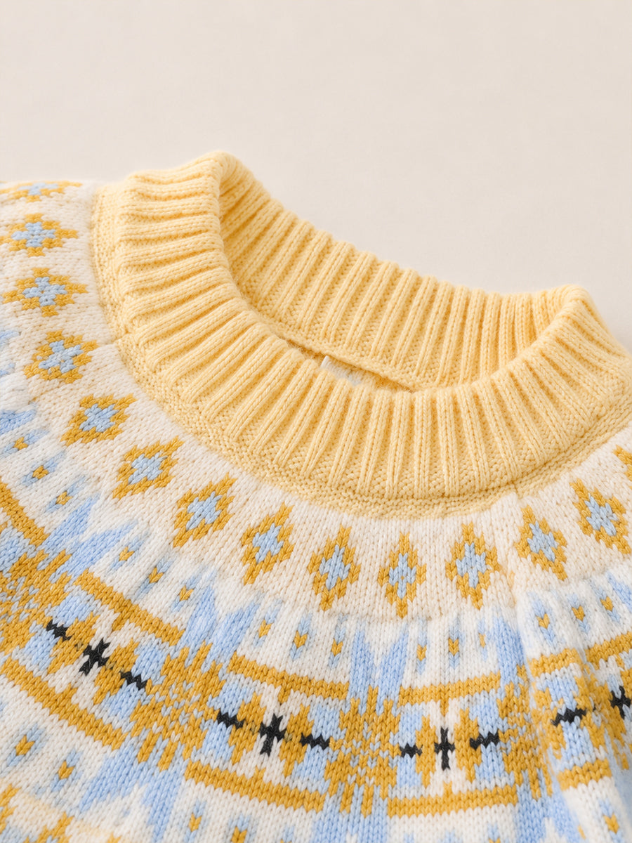 Girls' Yellow & Blue Fair Isle Yoke Knit Sweater -5881