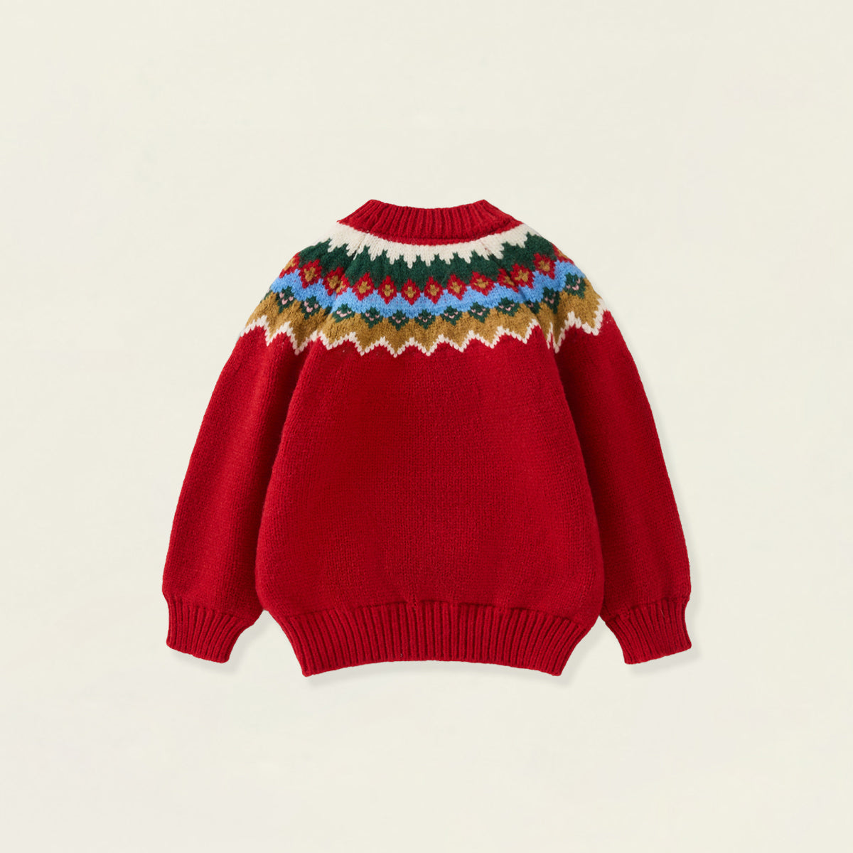 Girls' Red Fair Isle Knit Sweater with Pom-Pom Trim -5248