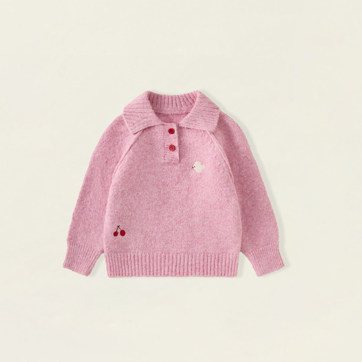 Girls' Pink Polo Collar Knit Sweater with Cherry Embroidery -5107