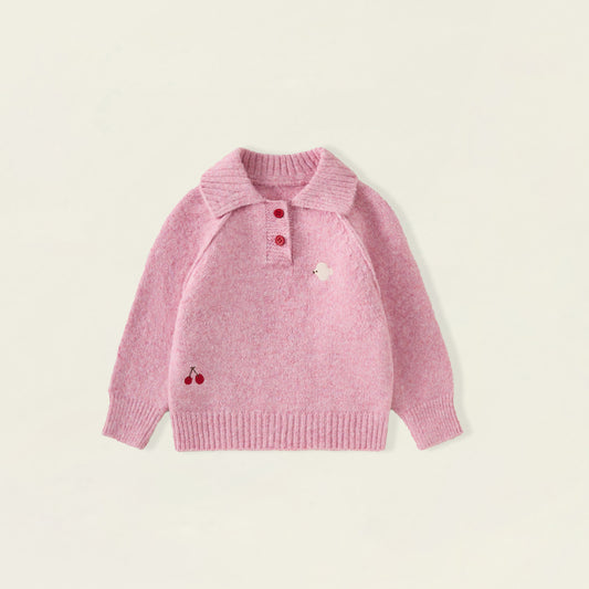 Girls' Pink Polo Collar Knit Sweater with Cherry Embroidery -5107