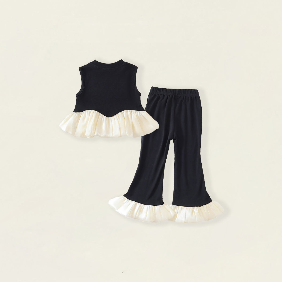 Girls' Black Ruffle Trim Sleeveless Top & Flared Pants Set-K6126114
