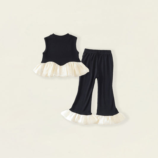 Girls' Black Ruffle Trim Sleeveless Top & Flared Pants Set-K6126114