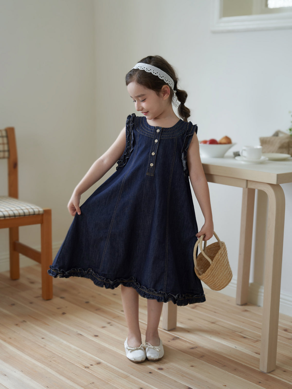 Girls' Summer Denim Ruffle Dress